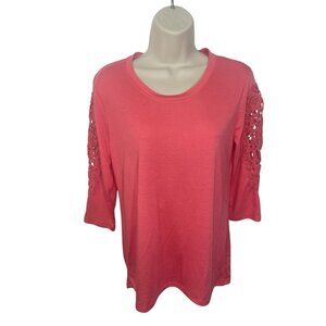 CATO Women's Size Small Dark Coral 3/4 Sleeve Knit Top with Crochet Cutout Arms
